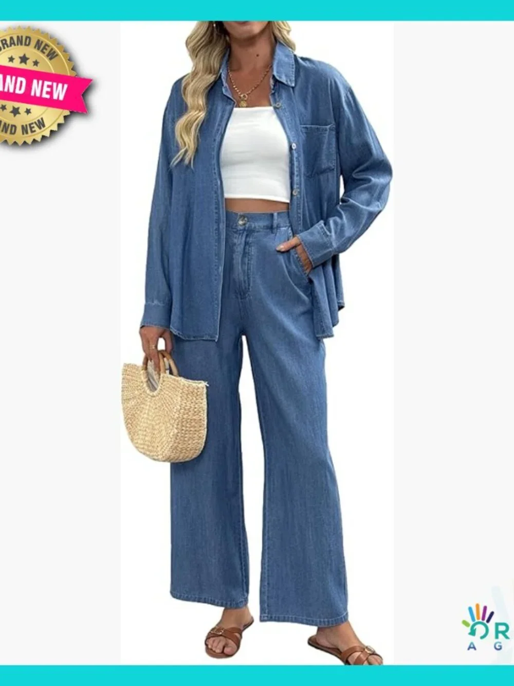 Lightweight Denim Two Piece Set Long Sleeve Button Down Wide Leg Pants